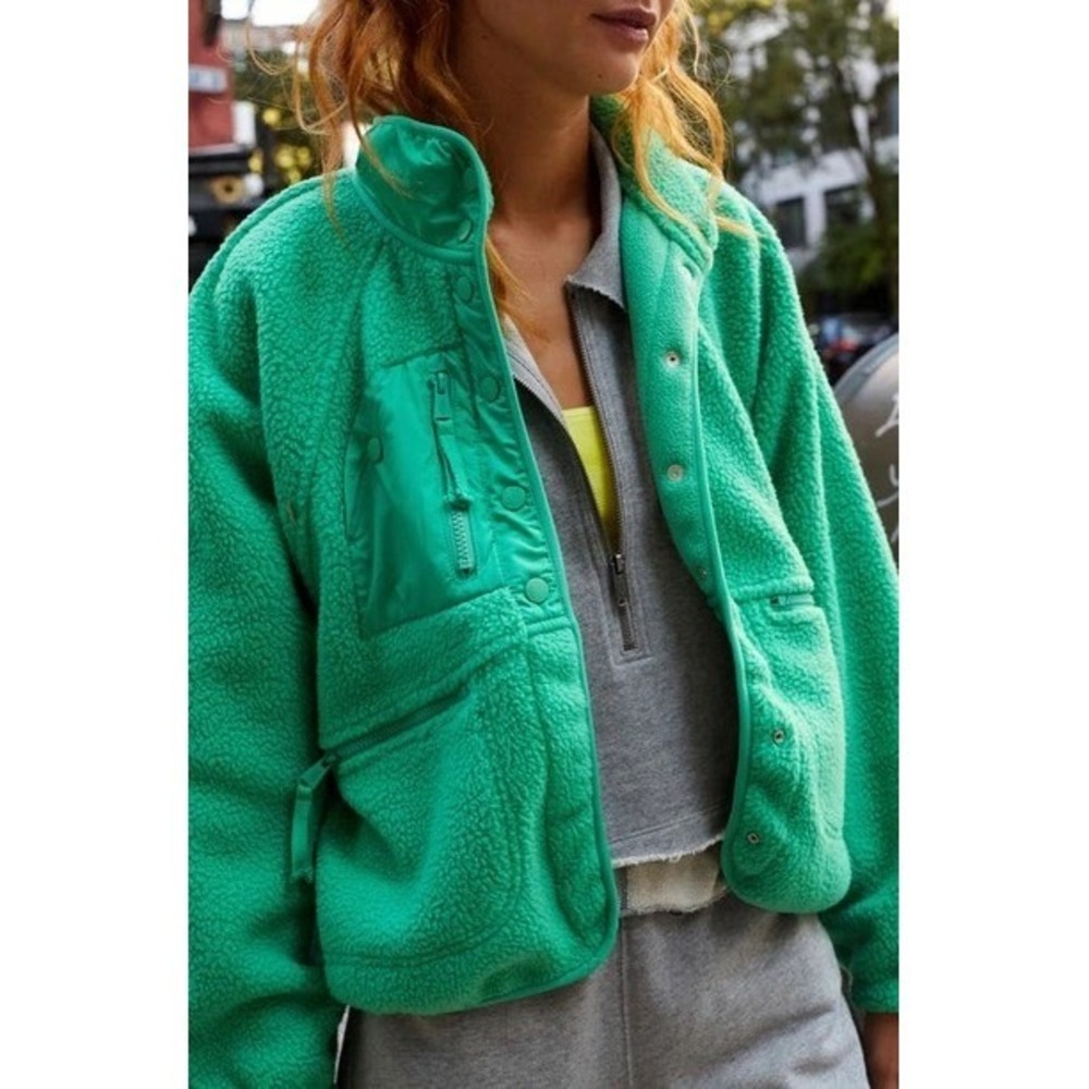 Free People Movement Hit the Slopes Fleece Jacket Green L Button Front $148